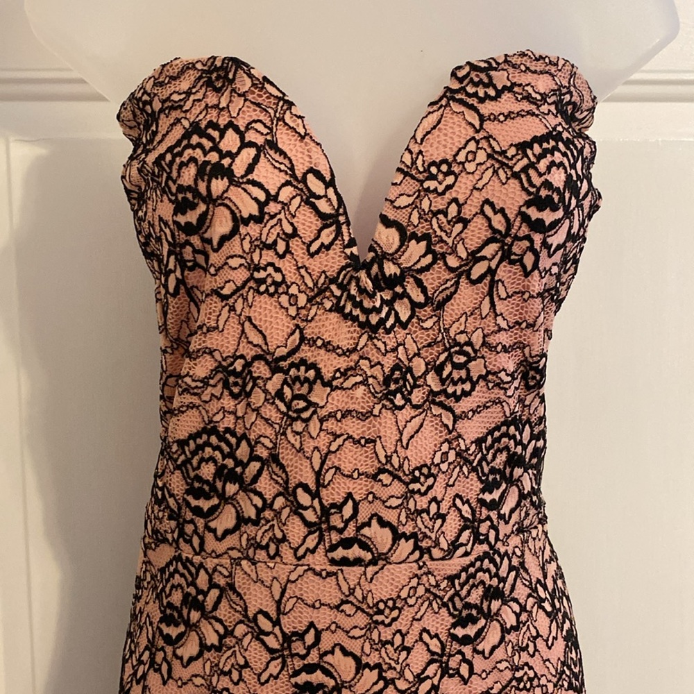 NWT Beautiful Maxi Strapless Pink Gown With Black Lace Overlay